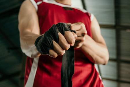 close up of boxer fighter applying tape on handsの写真素材