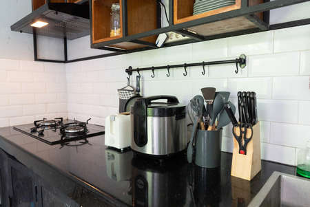 kitchen interior with stove and sinkの写真素材