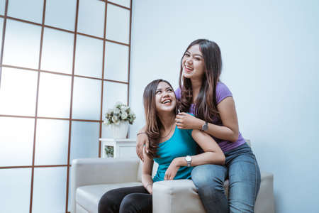 young adult asian twin sister togetherの写真素材