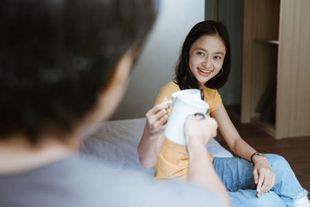 couple in the bed.Modern lifestyle concept.の写真素材