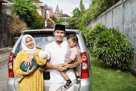 Muslim family travel by car during eid mubarak celebration