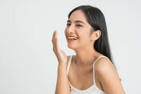 asian woman Face smile to you with white background. asian Beautyの写真素材
