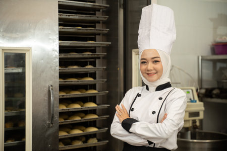 confident female muslim chef smiling at the camera and crossed her arm