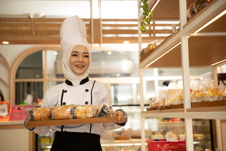 attractive muslim woman chef profession holding tray smiling to camera