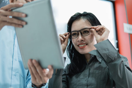 a female customer tries on the glasses to look at the tablet screen while in an optician