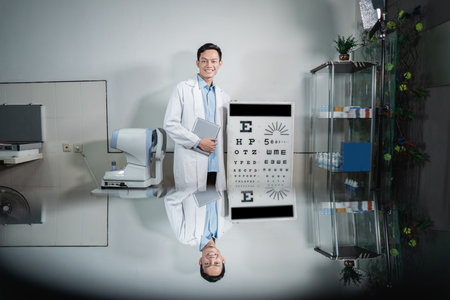 a male doctor posing next to an eye test kit located in an examination room at the eye clinic