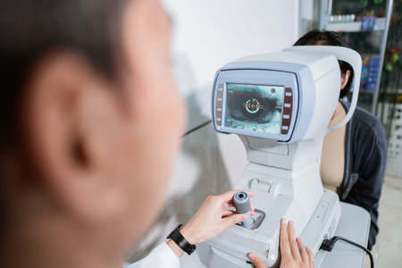 a male ophthalmologist is operating an eye computer for a female patient to examine the patients...