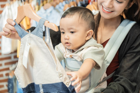 indonesian mother shopping clothes for her son in the baby boutique storeの写真素材