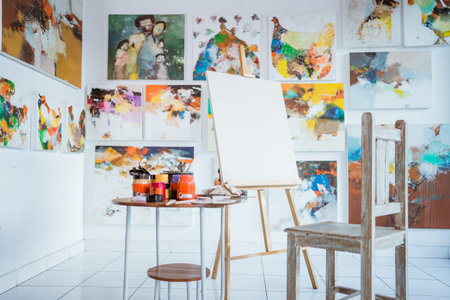 blank painting canvas in front of abstract painting background