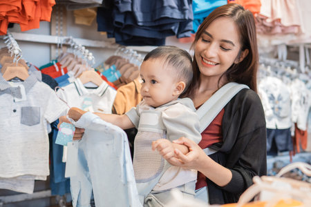asian mother with her toddler boy shopping in the baby shop