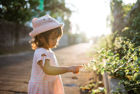 little girl picking pretty colourful flowes in the park