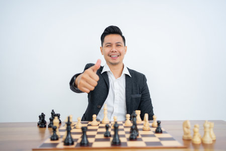 Mans thumbs up in suit playing chessの写真素材