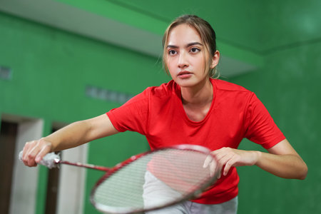close up of female badminton player holding racketの写真素材