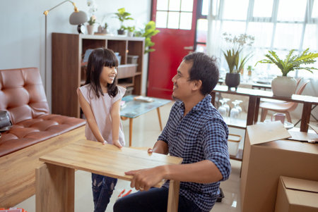 fahter and daughter Putting Together Self Assembly Furnitureの写真素材