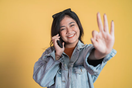 Young woman making a call with ok hand gesture