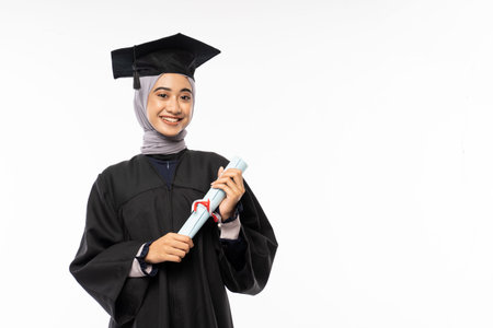 Beautiful woman wearing toga standing holding certificate roll with copyspace on isolated background