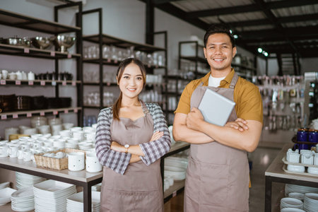 Two shop owners in apron holding digital tablet standing with hands crossed in houseware store