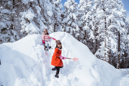 two girl playing with snow. asian little sister enjoy their time in snowy winter togetherの写真素材