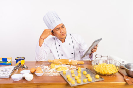 sad male chef using a pad while baking cake on wooden tableの写真素材