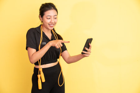 sporty woman making video call with mobile phone with skipping strap on shoulder on isolated backgroundの写真素材