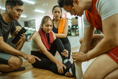 Male instructor helps a woman with a leg injury while exercising together at the gymの写真素材
