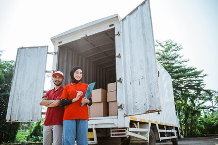 two asian workers in red uniforms standing behind a logistics container truckの写真素材