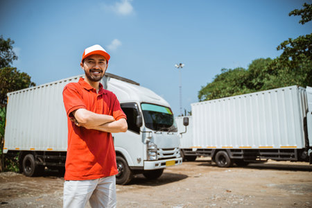 smiling male worker in red uniform with arms crossed standing against cargo transport truck backgroundの写真素材