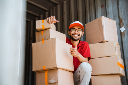 delivery man in red uniform with thumbs squatting between several boxes in a shipping company...