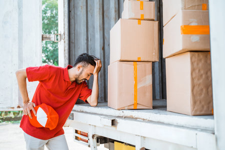 Tired delivery man having headache while working with cardboard boxes behind container truckの写真素材