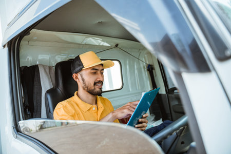 male driver in yellow uniform looking at clipboard to check while sitting driving freight truck