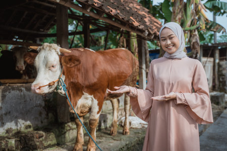 a beautiful woman with hijab standing in front of the cows stable and pointing on the cow that standing next to herの写真素材
