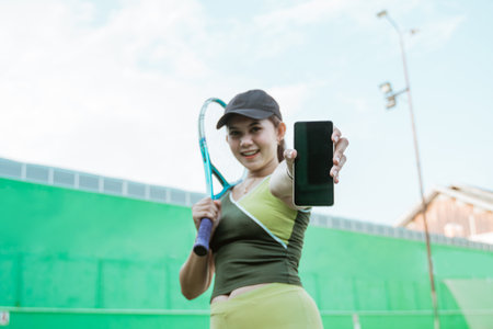 bottom view of female tennis player holding racket showing mobile phone screen on tennis courtの写真素材