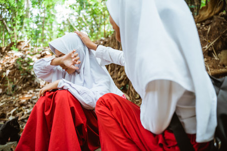a female elementary student stroking her friends head while her friend crying at the side of the country roadの写真素材