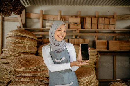 muslim beautiful woman showing her phone screen to camera while standing in her handicraft shop