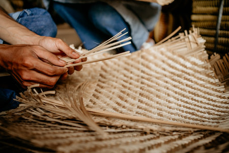 close up photo of hand woven a bamboo productの写真素材