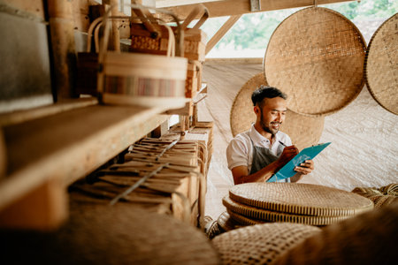 portrait of male handicraft artist working at his shopの写真素材