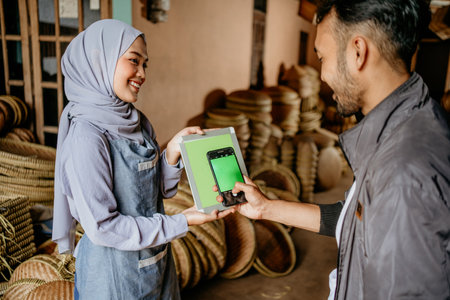 portrait of a customer making payment using electronic banking on mobile phoneの写真素材