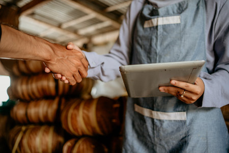 close up of a hand shake between seller and customer in handicraft workshopの写真素材