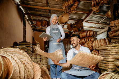 asian muslim woman and her partner checking bamboo product at their traditional workshopの写真素材