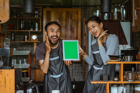 a couple of barista standing with opened hand and smiling while showing the digital tablet with green screenの写真素材