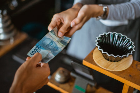 the hand of the waitress receiving money from the customer during the transaction at the cashier deskの写真素材