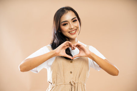 smiling asian woman in casual clothes standing with love hand gesture on isolated backgroundの写真素材
