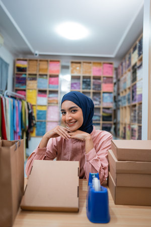 beautiful muslim asian owners are packing the products in boxes prepared for shippingの写真素材