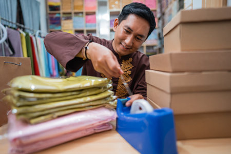 owner packing their product preparing for delivering package to customerの写真素材