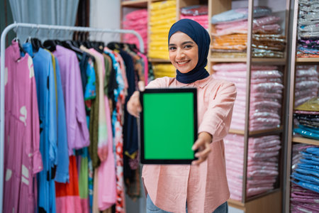 woman with hijab showing her blank screen to camera while working at her fashion warehouse. online sellerの写真素材