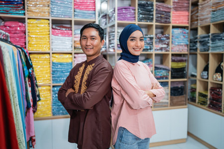 portrait of two owner standing at their fashion product shelves smiling crossed armの写真素材