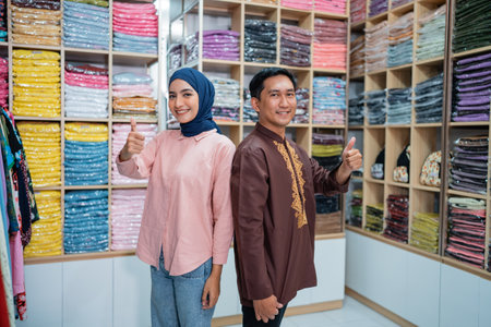 portrait of two owner standing at their product shelves smiling and thumb upの写真素材
