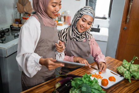 two friend with hijab looking tablet and learn to make new food menu in the kitchen. cooking recipeの写真素材