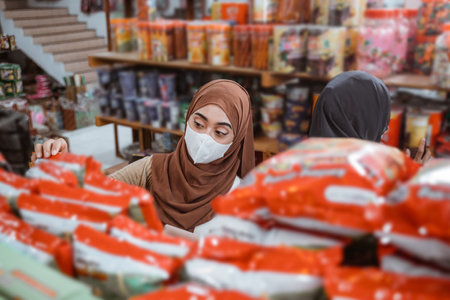 Muslim girl in mask choosing items while shopping in storeの写真素材