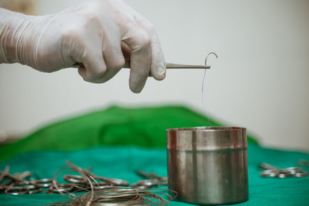a vets hand taking surgical suture with tweezer for surgery at pets clinic